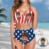 Custom Husband Face US Flag Knot Side Women Two Piece Bikini Swimsuit