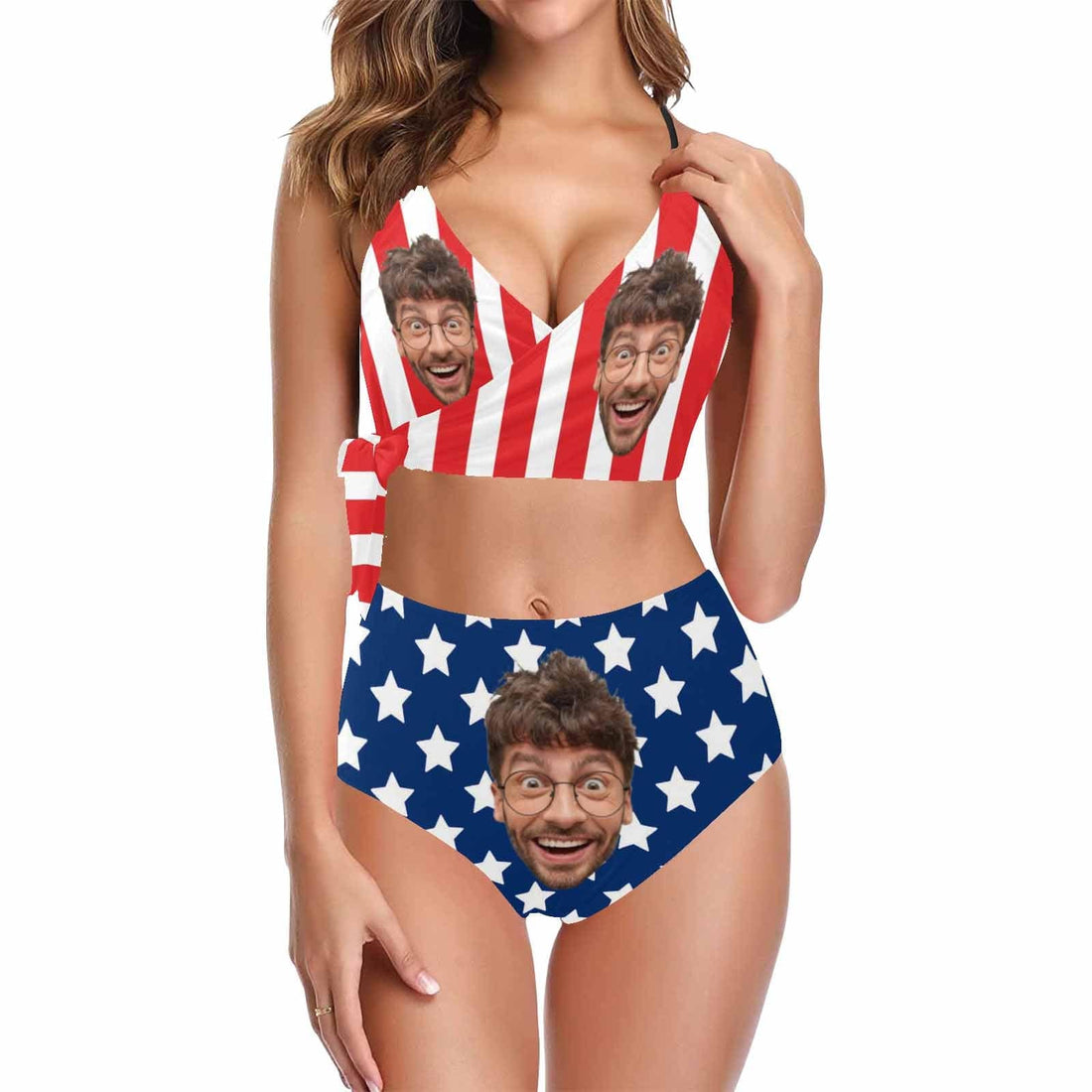 Custom Husband Face US Flag Knot Side Bikini Swimsuit Women&