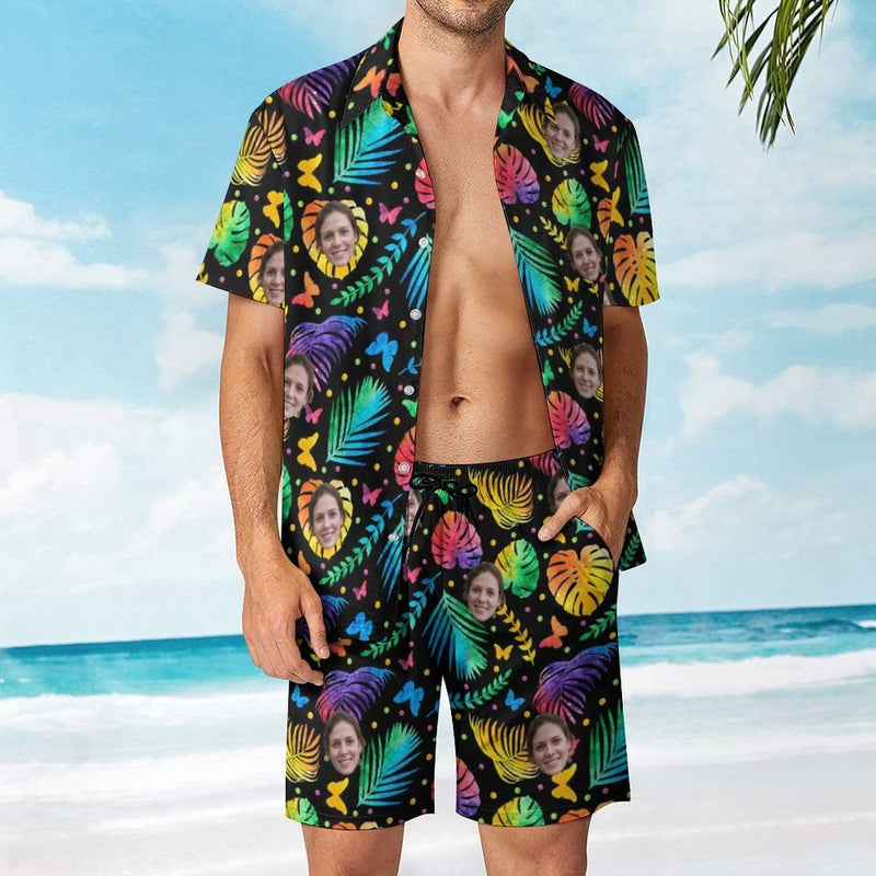Custom Face Colorful Leaves Shirt Hawaiian Sets Personalized Pocket Hawaiian Shirt & Beach Shorts Casual Beach Outfit Suit