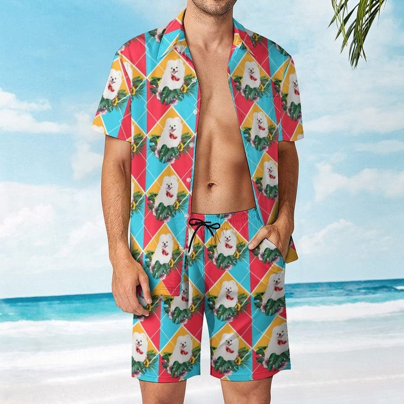 Custom Face Cute Dog Shirt Hawaiian Sets Personalized Pocket Hawaiian Shirt & Beach Shorts Casual Beach Outfit Suit