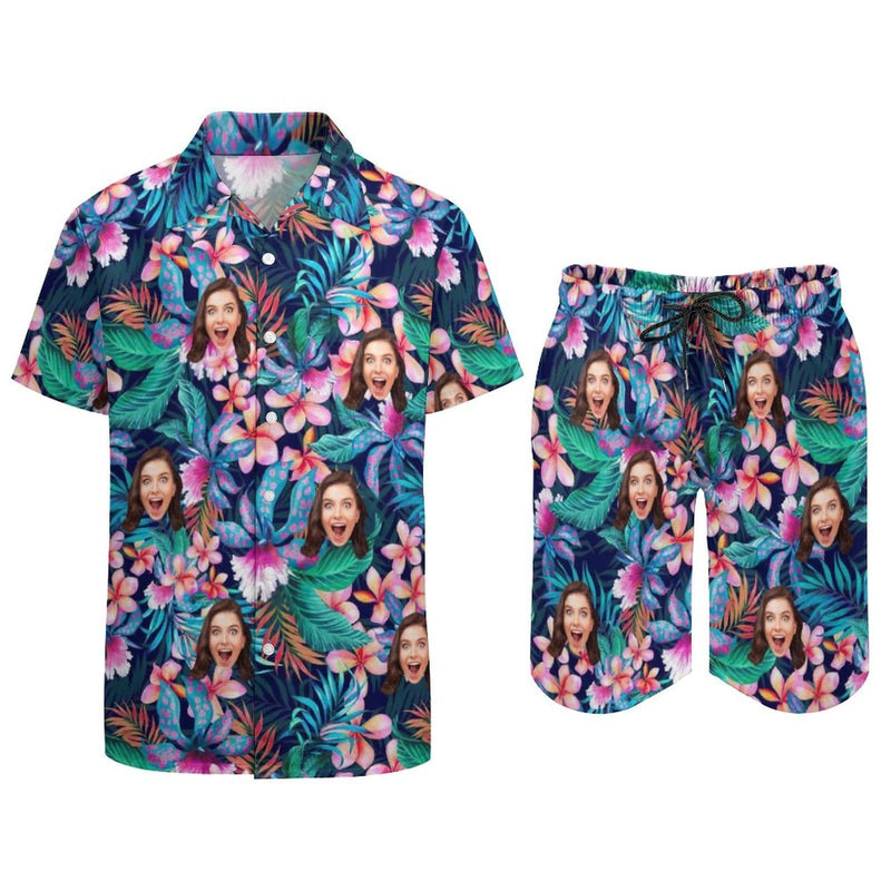 Custom Face Hawaiian Set Flower Tropical Beach Holiday Hawaiian Shirt & Shorts Set Print Your Own Face on Set Unique Gift