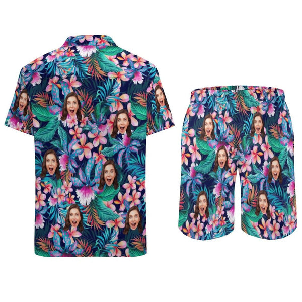 Custom Face Hawaiian Set Flower Tropical Beach Holiday Hawaiian Shirt & Shorts Set Print Your Own Face on Set Unique Gift