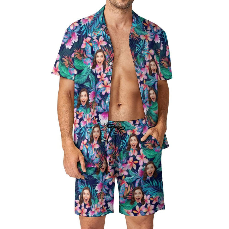 Custom Face Hawaiian Set Flower Tropical Beach Holiday Hawaiian Shirt & Shorts Set Print Your Own Face on Set Unique Gift