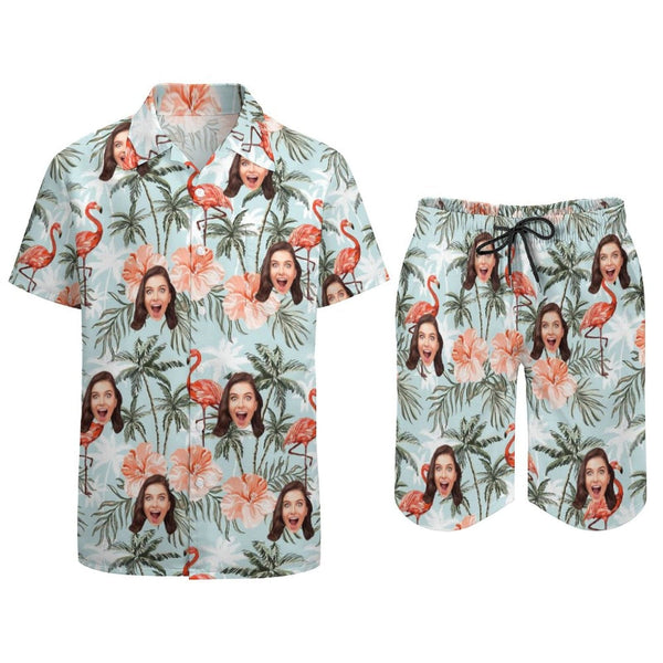 Custom Face on Hawaiian Set Pink Flamingo Beach Holiday Hawaiian Shirt & Summer Shorts Set Design Your Own Set
