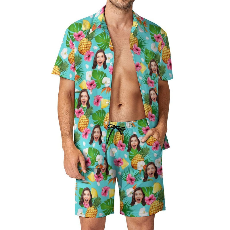 Custom Face on Hawaiian Set Tropical Fruit Beach Holiday Hawaiian Shirt & Shorts Set Add Your Own Custom Photo Design Shirt