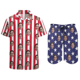 Custom Face Red Strip Blue Star Hawaiian Sets Personalized Pocket Hawaiian Shirt & Beach Shorts Casual Beach Outfit Suit