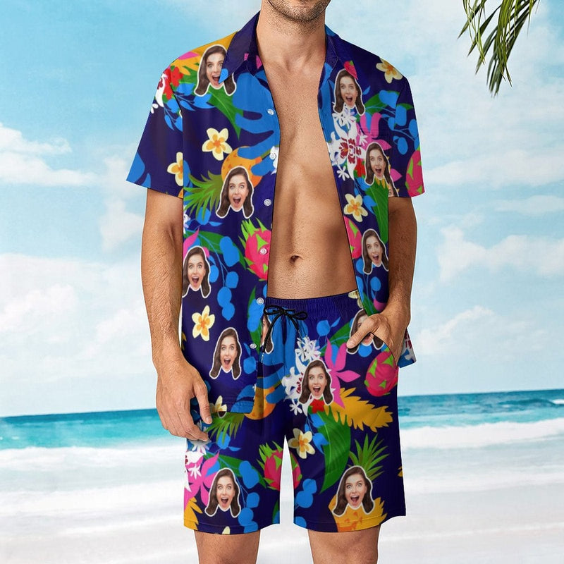 Custom Face Tropical Colorful Hawaiian Set Summer Holiday Hawaiian Shirt & Shorts Set