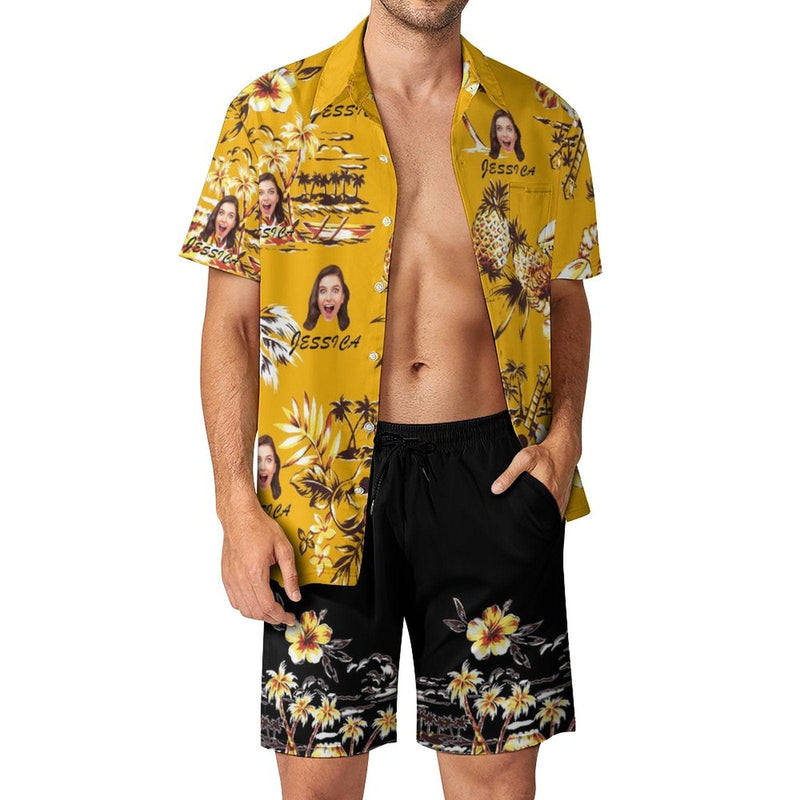 Custom Photo&Name Summer Pineapple Hawaiian Set Holiday Hawaiian Shirt & Shorts Set Put Your Face on Personalized Set