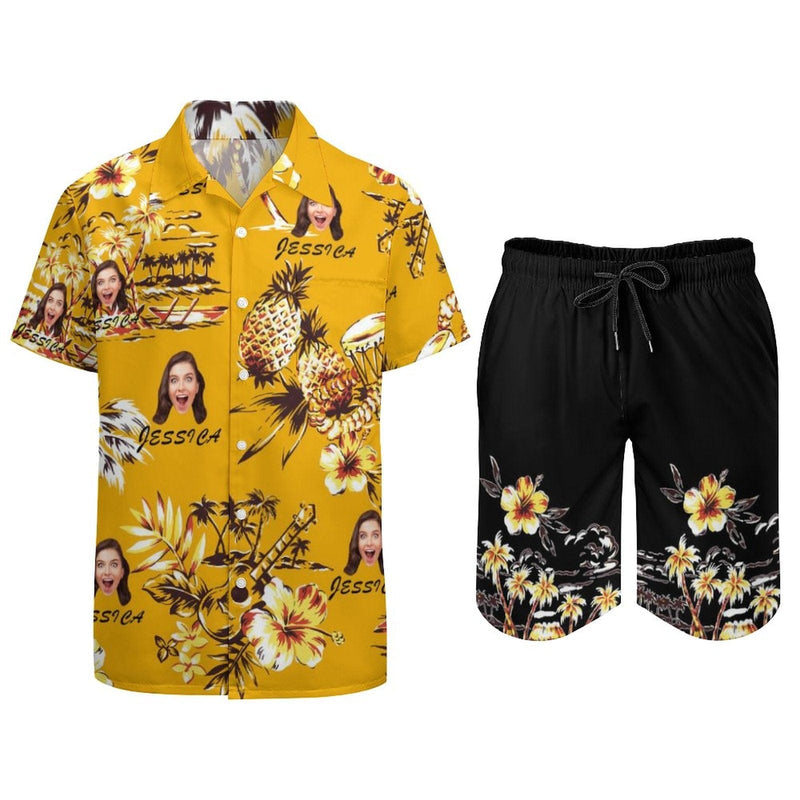 Custom Photo&Name Summer Pineapple Hawaiian Set Holiday Hawaiian Shirt & Shorts Set Put Your Face on Personalized Set