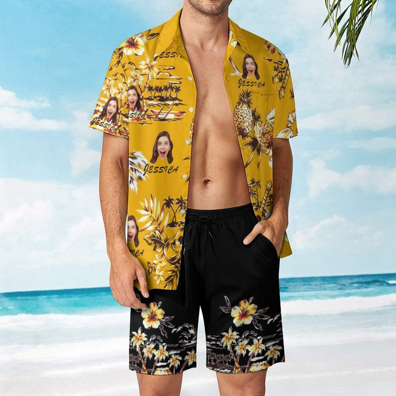 Custom Photo&Name Summer Pineapple Hawaiian Set Holiday Hawaiian Shirt & Shorts Set Put Your Face on Personalized Set