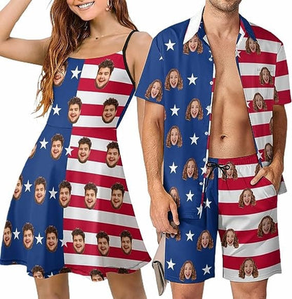 Couple Hawaiian Dress Set Cruise Outfit Custom Face American Flag Style Hawaiian Shirt Set&amp;Dress