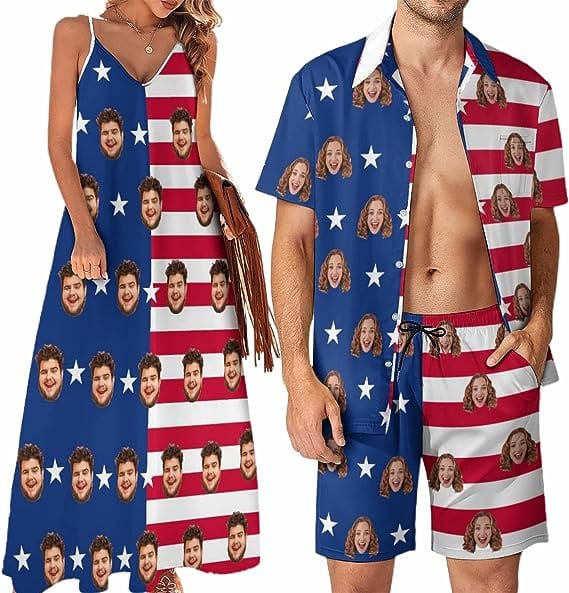 Couple Hawaiian Dress Set Cruise Outfit Custom Face American Flag Style Hawaiian Shirt Set&amp;Dress