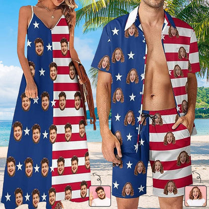 Couple Hawaiian Dress Set Cruise Outfit Custom Face American Flag Style Hawaiian Shirt Set&amp;Dress