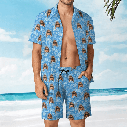 Couple Hawaiian Dress Set Cruise Outfit Custom Face Blue Ocean Hawaiian Shirt Set&amp;Dress