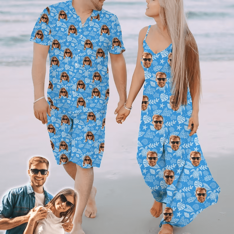 Couple Hawaiian Dress Set Cruise Outfit Custom Face Blue Ocean Hawaiian Shirt Set&amp;Dress