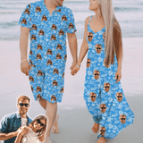 Couple Hawaiian Dress Set Cruise Outfit Custom Face Blue Ocean Hawaiian Shirt Set&Dress