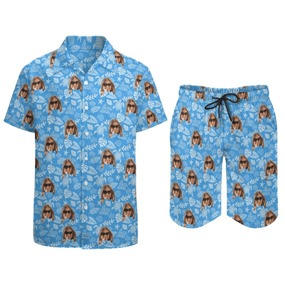 Couple Hawaiian Dress Set Cruise Outfit Custom Face Blue Ocean Hawaiian Shirt Set&amp;Dress