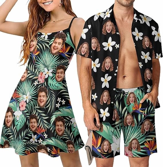 Couple Hawaiian Dress Set Cruise Outfit Custom Face Green Tropical Leaves Hawaiian Shirt Set&Dress