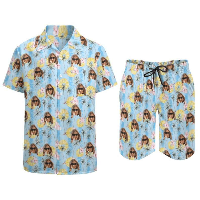 Couple Hawaiian Dress Set Cruise Outfit Custom Face Pineapple Coconut Hawaiian Shirt Set&Dress