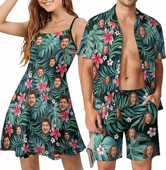 Couple Hawaiian Dress Set Cruise Outfit Custom Face Red Flowers Hawaiian Shirt Set&Dress