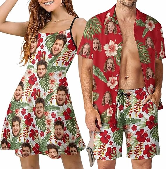 Couple Hawaiian Dress Set Cruise Outfit Custom Face Red Hawaiian Shirt Set&Dress