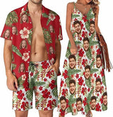 Couple Hawaiian Dress Set Cruise Outfit Custom Face Red Hawaiian Shirt Set&Dress