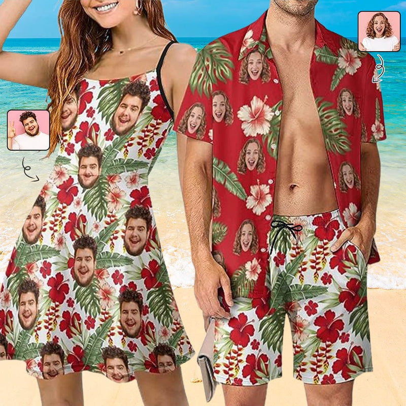 Couple Hawaiian Dress Set Cruise Outfit Custom Face Red Hawaiian Shirt Set&Dress