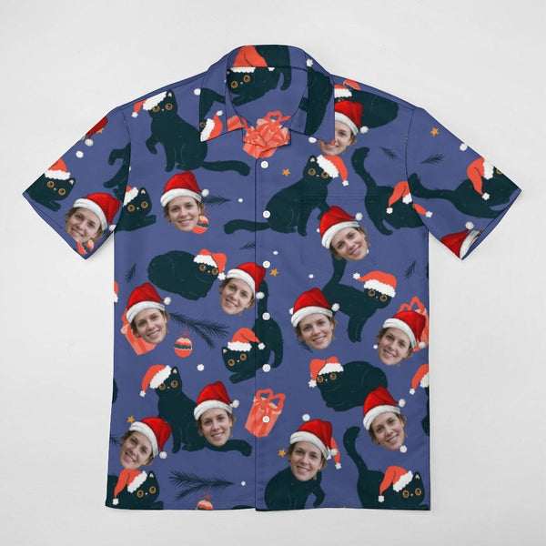 Custom Face Red Hat Black Cat Shirt Men Front Pocket Beach Shortsleeve Pocket Hawaiian Shirt Christmas Gift For Him