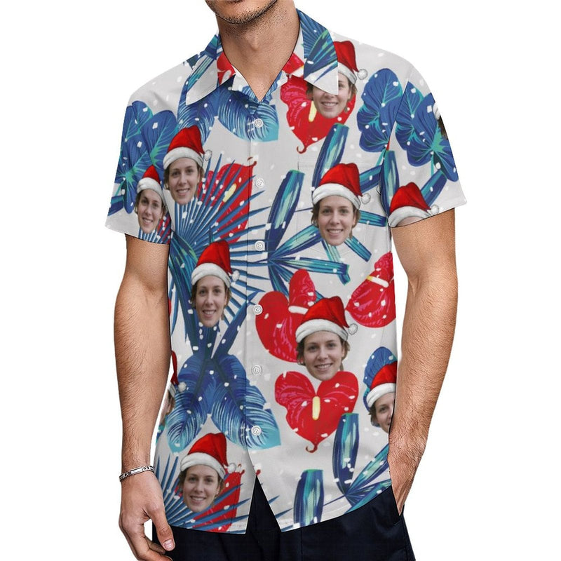 Custom Face Tropical Leaves Snowflake Shirt Men Front Pocket Beach Shortsleeve Pocket Hawaiian Shirt Christmas Gift For Him