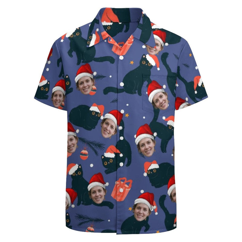 Custom Face Red Hat Black Cat Shirt Men Front Pocket Beach Shortsleeve Pocket Hawaiian Shirt Christmas Gift For Him