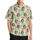 Couple Matching Shirt&Dress Custom Face Flamingoes Pocket Hawaiian Shirt&Women's Sleeveless Dress Men Front Pocket Beach Shortsleeve Shirt Boyfriend Gift For Him