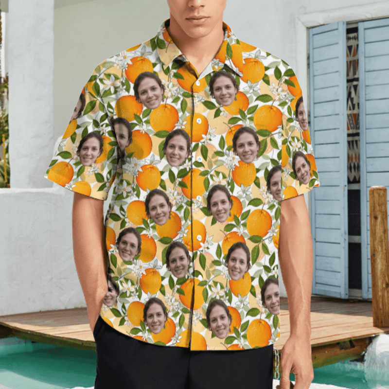 Couple Matching Shirt&Dress Custom Face Oranges Shirt Men Front Pocket Beach Shortsleeve Pocket Hawaiian Shirt Boyfriend Gift For Him