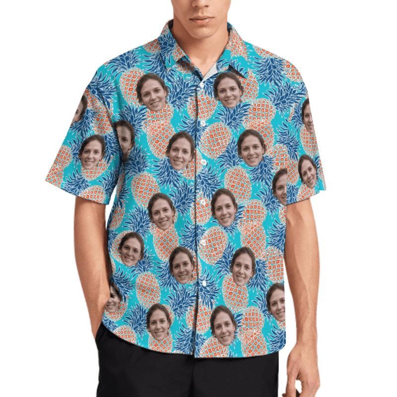 Couple Matching Shirt&Dress Custom Face Pineapples Shirt Men Front Pocket Beach Shortsleeve Pocket Hawaiian Shirt Boyfriend Gift For Him