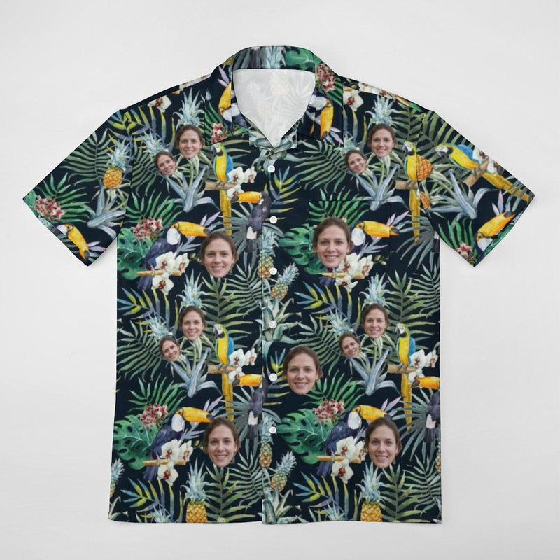 Custom Face Couple Hawaiian Shirt&Dress Flower Parrot Casual  Men Front Pocket Shortsleeve Beach Pocket Hawaiian Shirt Personalized Design Boyfriend Gift For Him