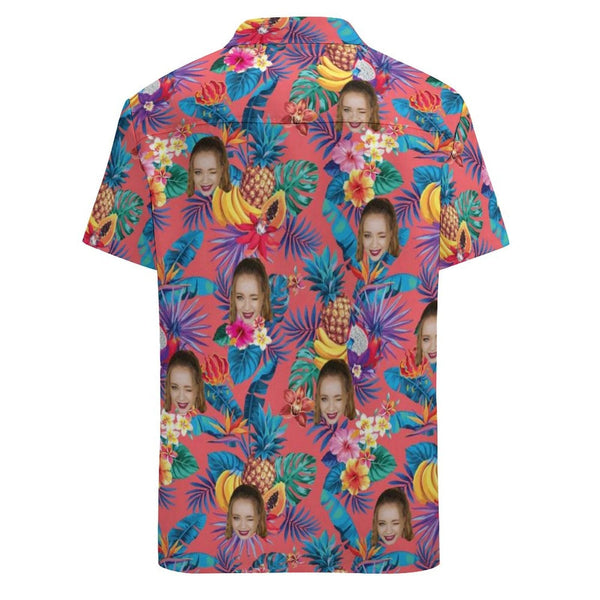 Custom Face Couple Hawaiian Shirt&Dress Tropical Fruits Men Front Pocket Shortsleeve Beach Pocket Hawaiian Shirt Honeymoons Boyfriend Gift