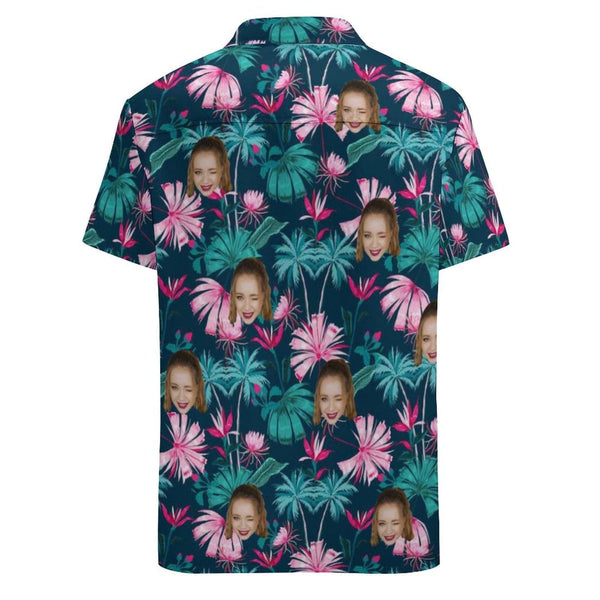 Custom Face Pink Flowers Shirt Men Front Pocket Beach Shortsleeve Pocket Hawaiian Shirt Boyfriend Gift For Him