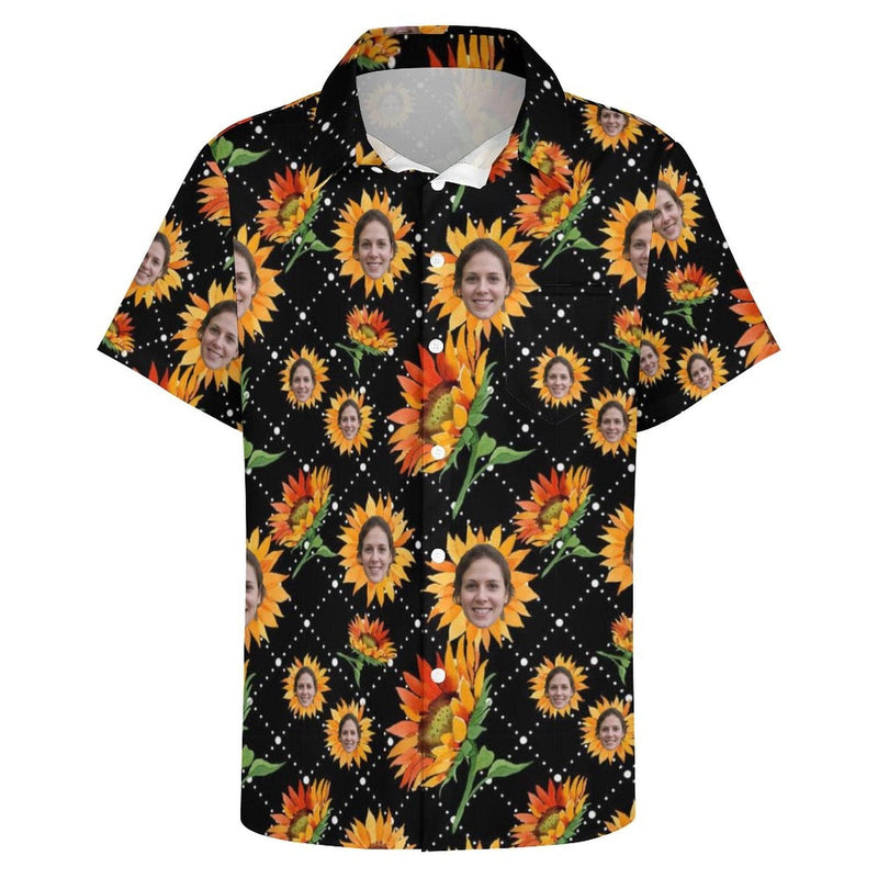 Custom Face Sunflowers Shirt Men Front Pocket Beach Shortsleeve Pocket Hawaiian Shirt Boyfriend Gift For Him