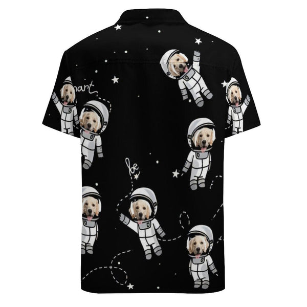 Custom Dog Face Astronaut Black Shirt Men Front Pocket Beach Shortsleeve Pocket Hawaiian Shirt Boyfriend Gift For Him