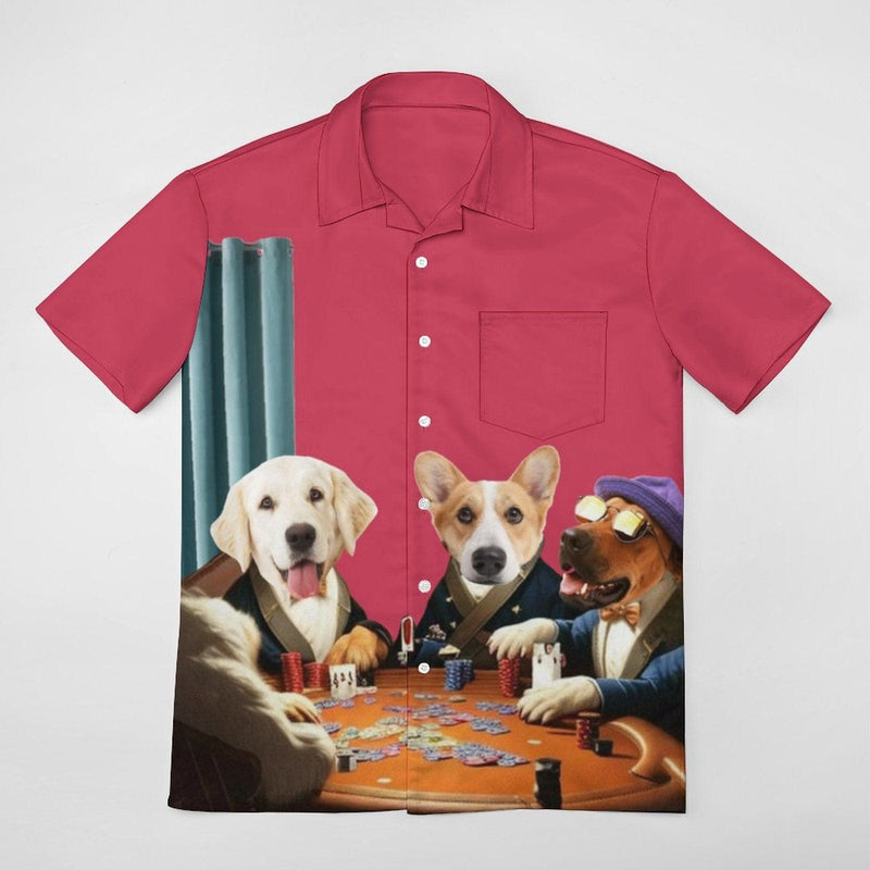 Custom Dog Face Rose Red Shirt Men Front Pocket Beach Shortsleeve Pocket Hawaiian Shirt Boyfriend Gift For Him