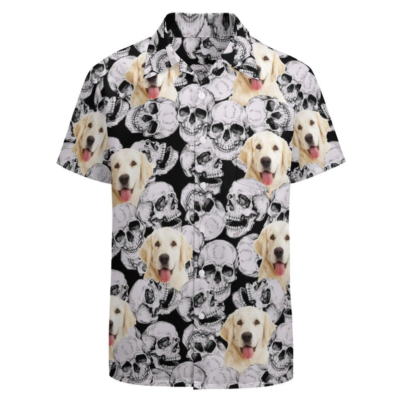 Custom Dog Face White Skull Shirt Men Front Pocket Beach Shortsleeve Pocket Hawaiian Shirt Boyfriend Gift For Him