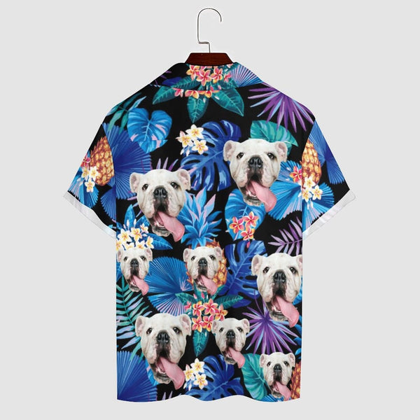 Personalized Cuban Collar Shirt with Dog Face Blue Leaves Create Your Own Hawaiian Shirt for Husband or Boyfriend