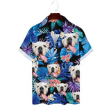 Personalized Cuban Collar Shirt with Dog Face Blue Leaves Create Your Own Hawaiian Shirt for Husband or Boyfriend