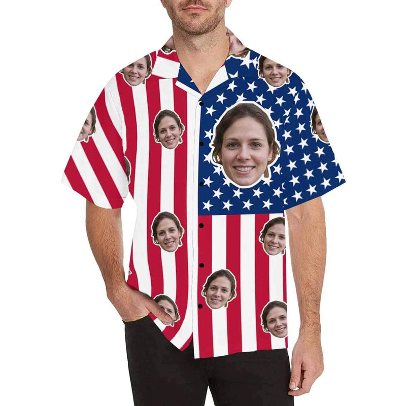 Custom Hawaiian Shirts & Beach Shorts with Girlfriend Face American Flag Aloha Shirt