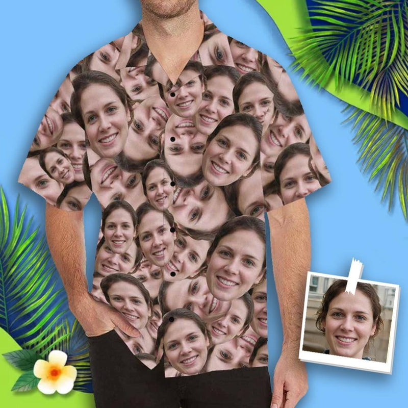 Custom All Over Print Hawaiian Shirt with Girlfriend Face Irregular Seamless Tropical Aloha Shirt Birthday Vacation Party Gift for Him
