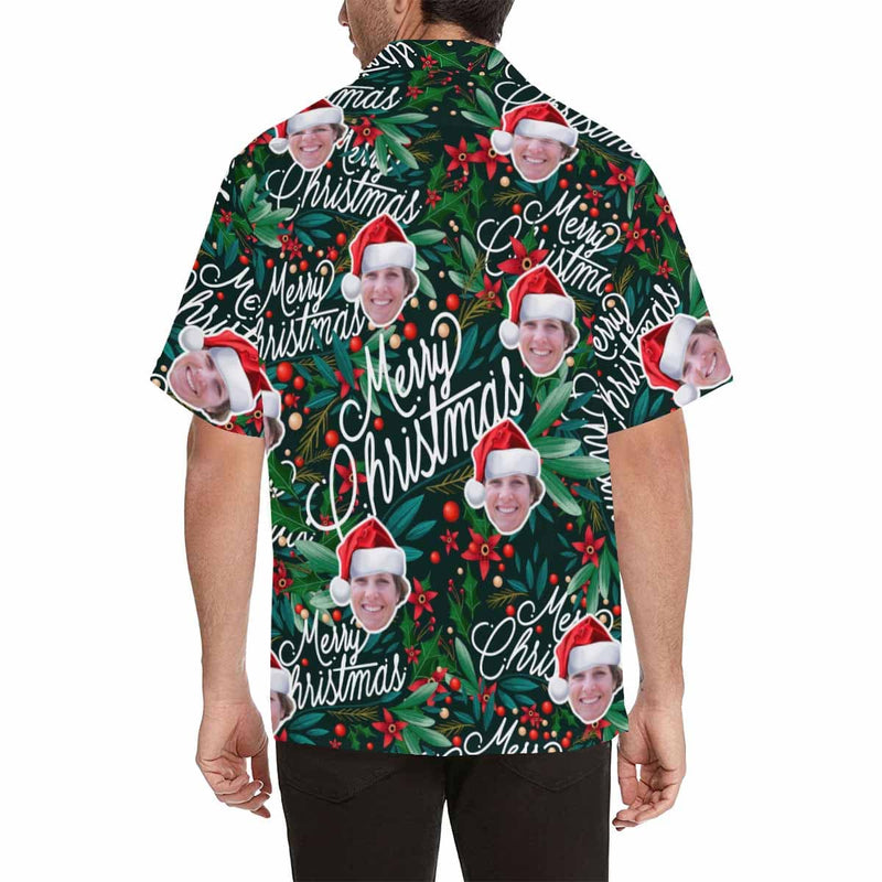 Custom Christmas Hawaiian Shirt with Face Christmas Red Personalized Photo Tropical Aloha Shirt for Husband/Boyfriend