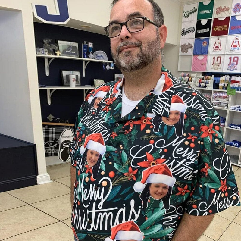 Custom Christmas Hawaiian Shirt with Face Christmas Red Personalized Photo Tropical Aloha Shirt for Husband/Boyfriend