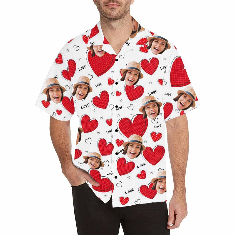 Custom Face Hawaiian Shirt Cute Hearts Tropical Aloha Shirt Birthday Valentine's Day Gift for Him