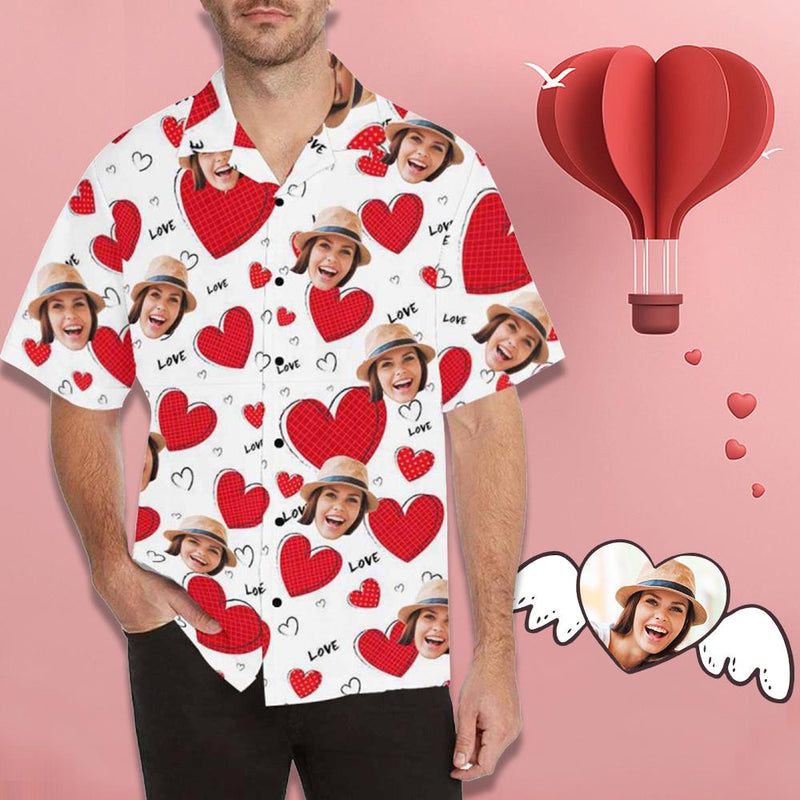 Custom Face Hawaiian Shirt Cute Hearts Tropical Aloha Shirt Birthday Valentine's Day Gift for Him