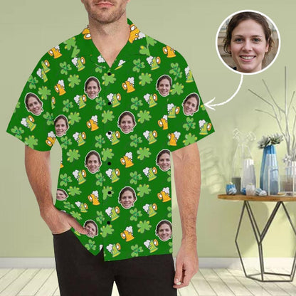 Custom Face St. Patrick Day Hawaiian Shirt Green Hats Hawaiian Shirt with Your Face Create Your Own Hawaiian Shirt Happy St. Patrick&