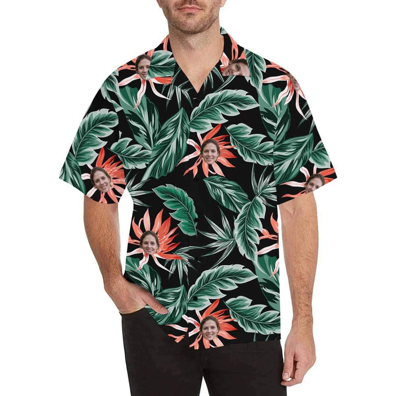 Custom Face Hawaiian Shirt Red Flower Leaves Aloha Shirts for Boyfriend/Husband Birthday Vacation Party Gift